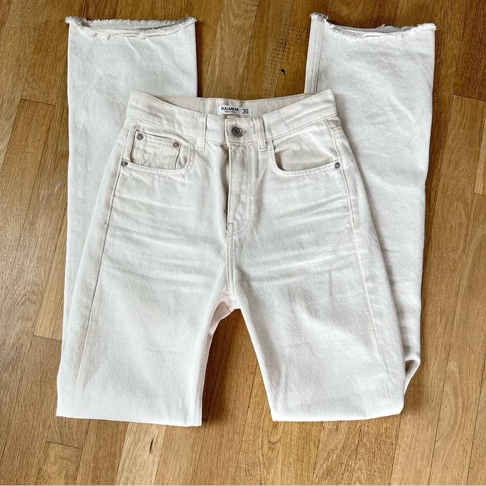 Pull & Bear White Straight Leg Jeans with Split Hem